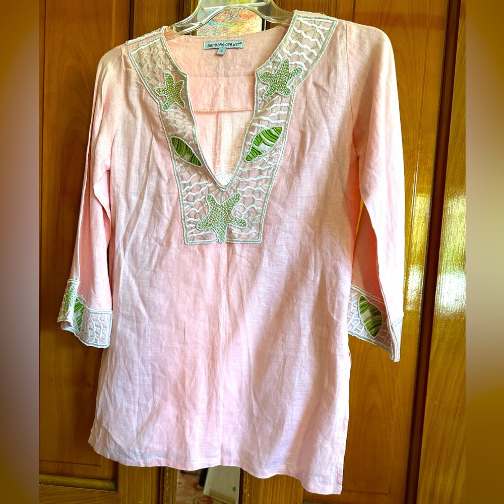 Linen top by Barbara Gerwit beaded neck and cuffs cool pale pink sm elegant
